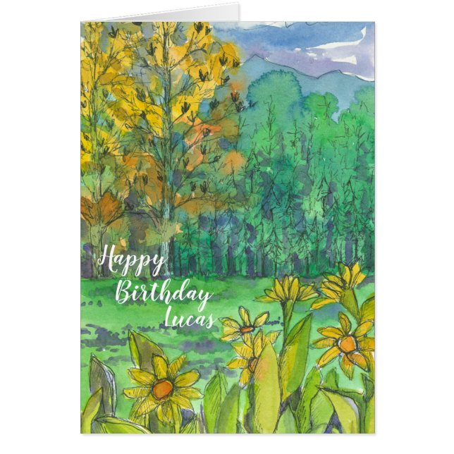 Happy Birthday Mountain Meadow Custom Name Cards (Front)