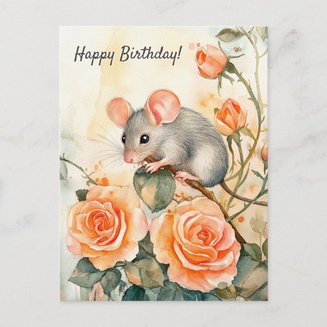 Happy Birthday mouse and roses Postcard (Front)