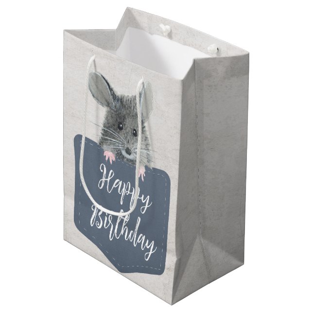 Happy Birthday Mouse In Pocket Medium Gift Bag (Front Angled)