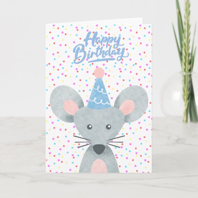 Happy Birthday Mouse Party Hat Confetti Greeting Card (Front)