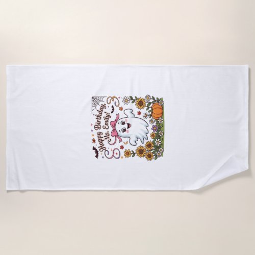 Happy Birthday Ms Emily Halloween Ghost Pumpkin Su Beach Towel