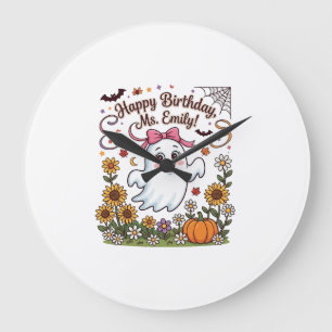 Happy Birthday Ms Emily Halloween Ghost Pumpkin Su Large Clock