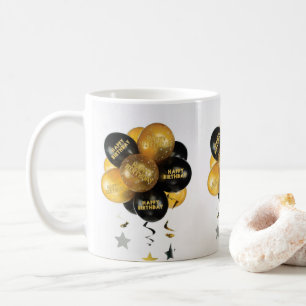 Happy Birthday Mug Black Gold Balloons