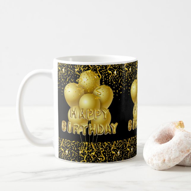 Happy Birthday Mug Black Gold Confetti (With Donut)