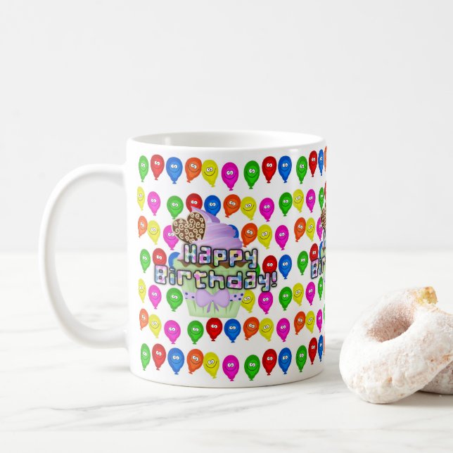 Happy Birthday Mug Colorful Balloons Cupcake (With Donut)