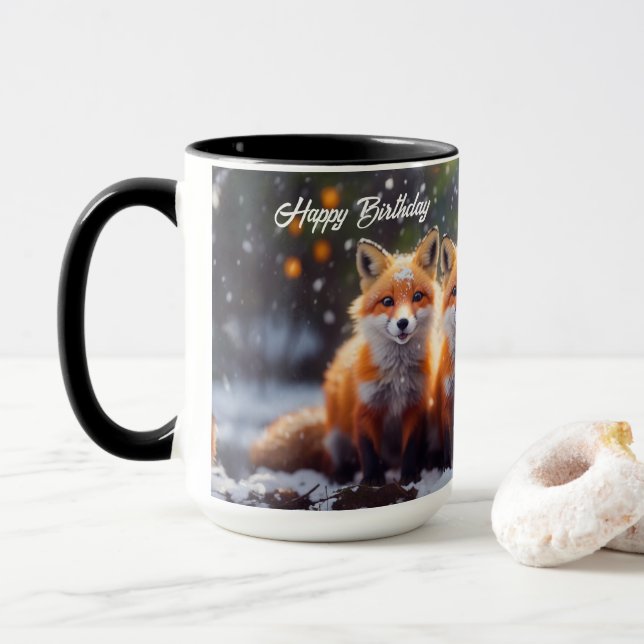 Happy Birthday Mug Foxes In Snowy Forest (With Donut)