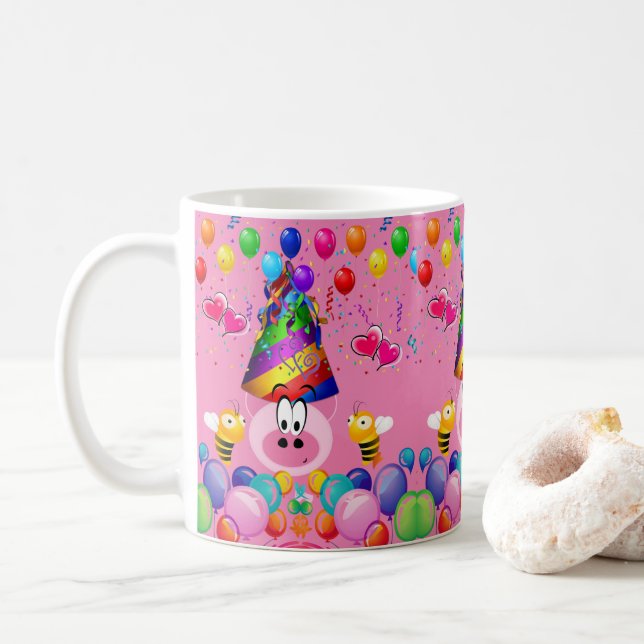 Happy Birthday Mug Pink Pig Bumblebee (With Donut)