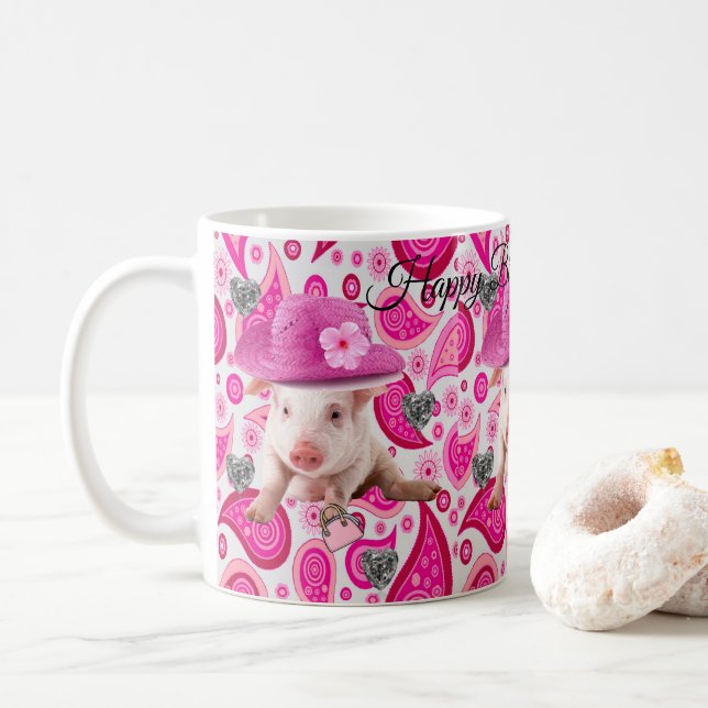 Happy Birthday Mug Pink Pig Paisley (With Donut)