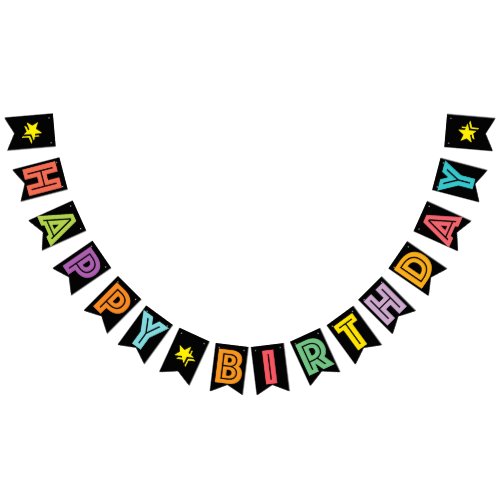 HAPPY BIRTHDAY â MULTICOLORED ON BLACK BACKGROUND BUNTING FLAGS