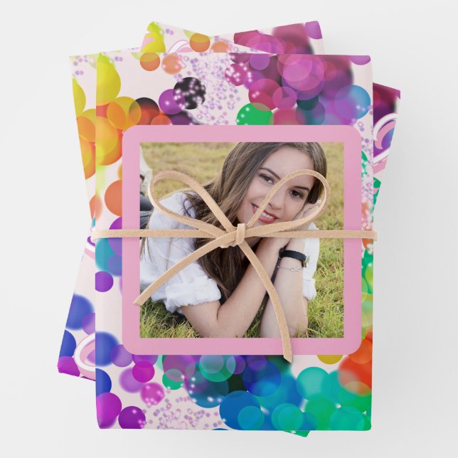 Happy Birthday Multicolour Abstract Bokeh Photo  Wrapping Paper Sheets (In situ)