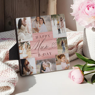 Happy Birthday Mum Photo Collage Pink Woodgrain Plaque