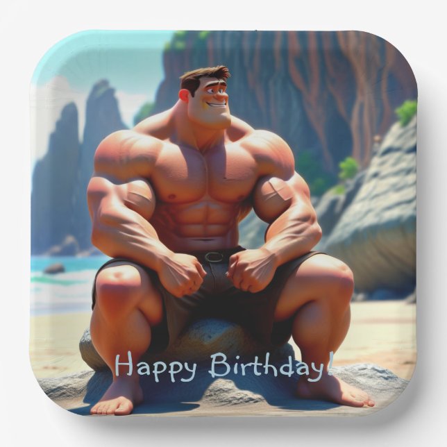 Happy Birthday Muscleman Paper Plates (Front)