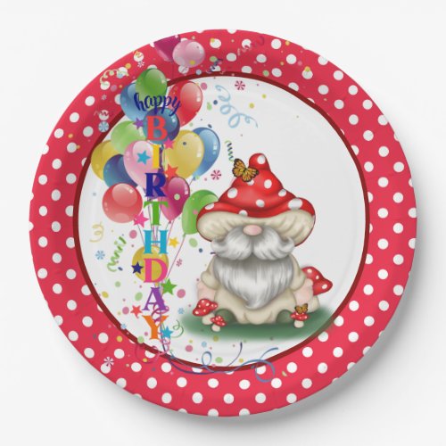 Happy Birthday Mushroom Gnome Paper Plate