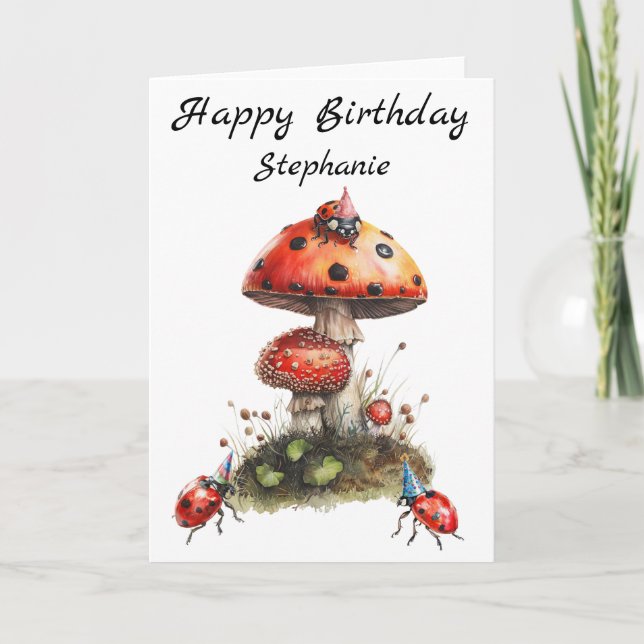 Happy Birthday Mushroom Ladybugs  Card (Front)