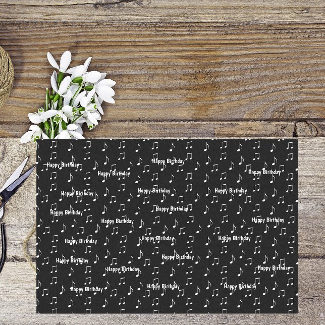 Happy Birthday Musical Black White Theme Notes Tissue Paper (Black and white music theme Happy Birthday with white music notes on tissue gift wrap paper.)