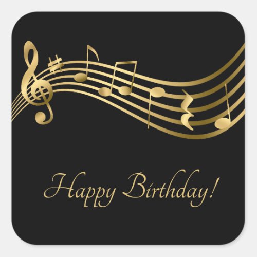 Happy Birthday Musical Notes BlackGold Elegant Square Sticker