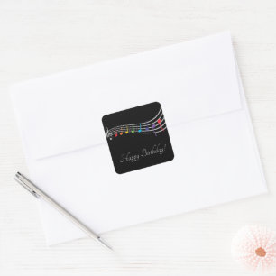 Happy Birthday Musical Notes Black&Silver Elegant Square Sticker