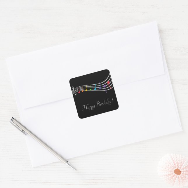 Happy Birthday Musical Notes Black&Silver Elegant Square Sticker (Envelope)