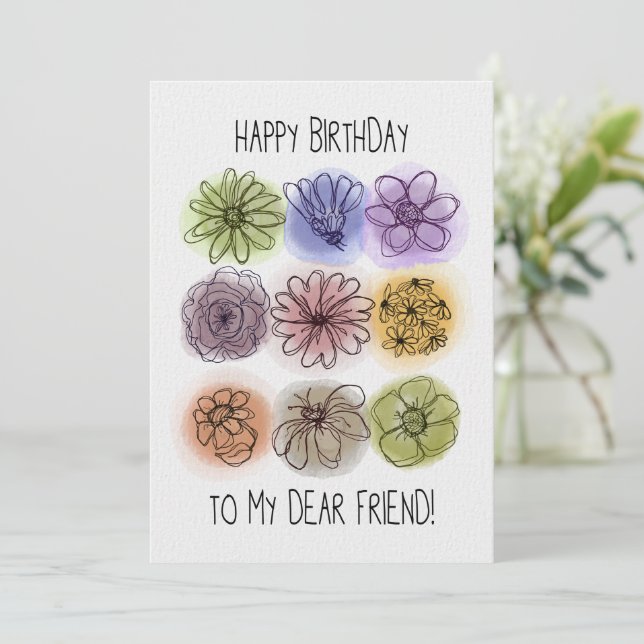 Happy Birthday My Dear Friend Watercolor Flowers (Standing Front)