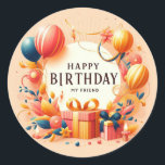 Happy Birthday my friend sticker<br><div class="desc">Celebrate your friend's special day with our "Happy Birthday My Friend" sticker, designed to add a touch of personalized charm to any birthday celebration. This vibrant and colorful sticker features festive elements like balloons, cake, and streamers, encapsulated in a beautifully crafted design. Perfect for decorating gifts, cards, or party favors,...</div>