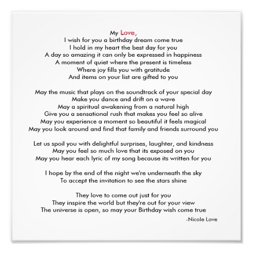 Happy Birthday My Love Poem Picture Photo Print