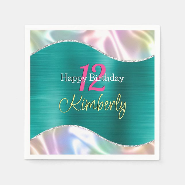 Happy Birthday, Name Age Iridescent & Aqua Wave Napkins (Front)
