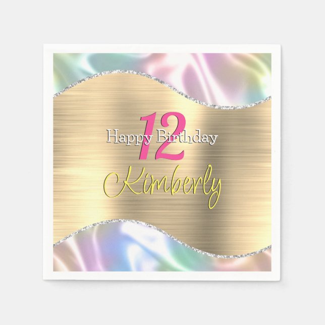 Happy Birthday, Name Age Iridescent & Gold Wave Napkins (Front)