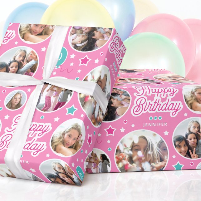 Happy Birthday Name Age Photo Collage Bright Pink Wrapping Paper (Creator Uploaded)
