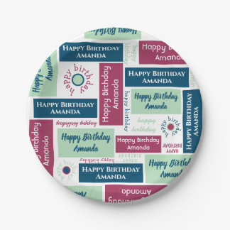 Happy Birthday Name Blue Mint Green Burgundy Party Paper Plates