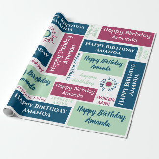 Happy Birthday Name Blue Mint Green Dark Pink Wrapping Paper