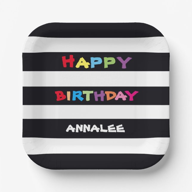 Happy Birthday Name Bright Colorful Food Safe  Paper Plates (Front)