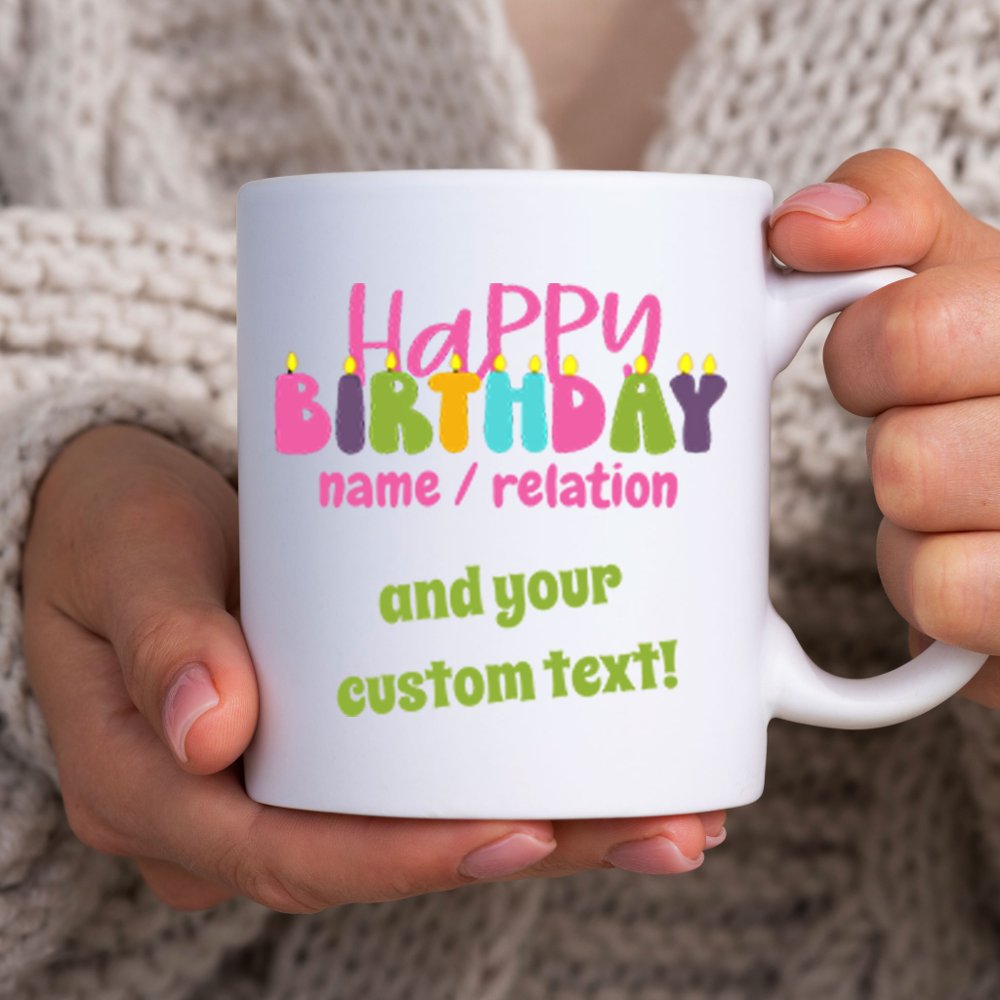Discover Happy Birthday Name Custom Text Colorful Candles Coffee Mug