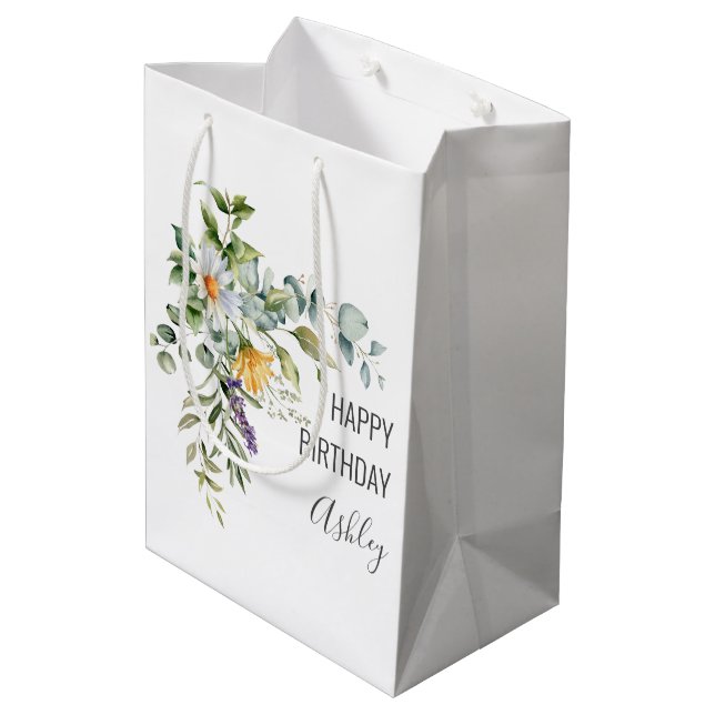 Happy Birthday + Name Floral Medium Gift Bag (Back Angled)