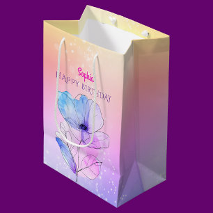 Happy Birthday, Name, Flower Gold, Pink & Purple  Medium Gift Bag