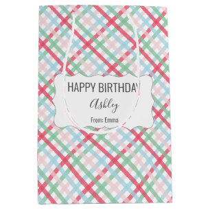 Happy Birthday + Name + From Colorful Gingham Medium Gift Bag