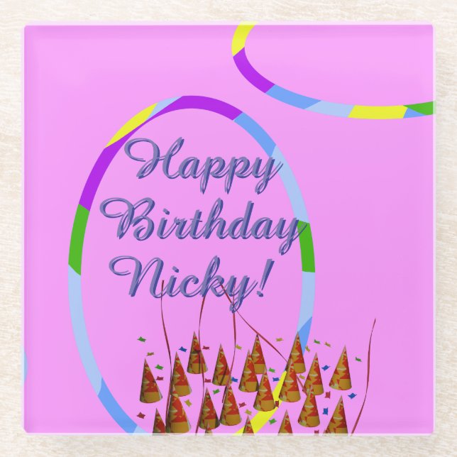 Happy Birthday Name  Glass Coaster (Front)