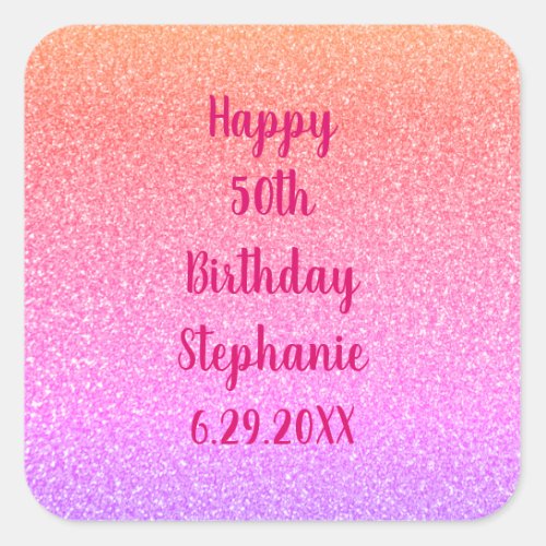 Happy Birthday Name Glittery Rose Gold Pink Custom Square Sticker