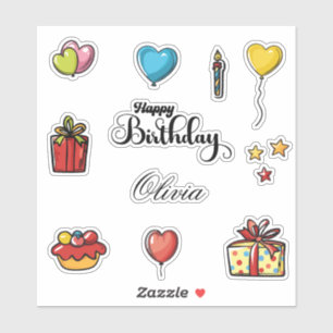 Happy Birthday Name Heart Balloons & Gifts Bundle Sticker