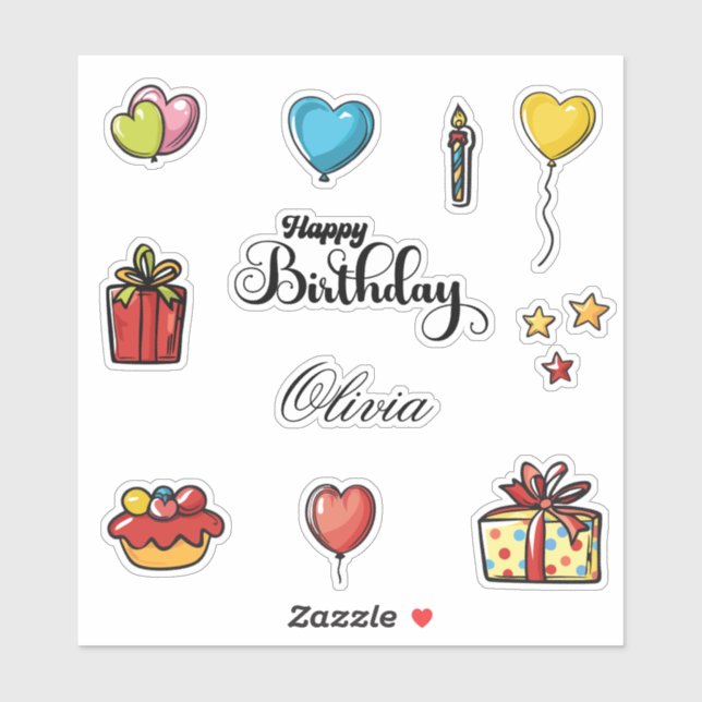 Happy Birthday Name Heart Balloons & Gifts Bundle  Sticker (Sheet)