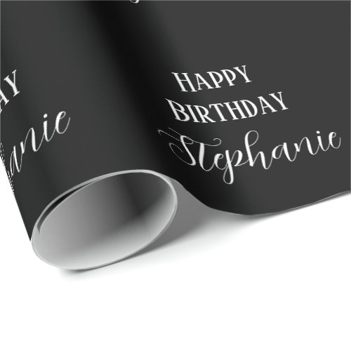 Happy Birthday Name Monogram Black White Modern Wrapping Paper