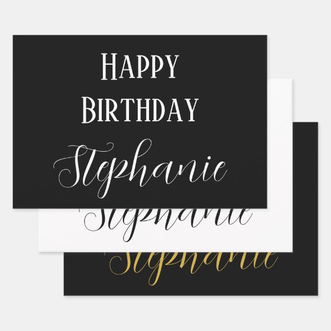 Happy Birthday Name Monogram Gold Black White Wrapping Paper Sheets (Set)