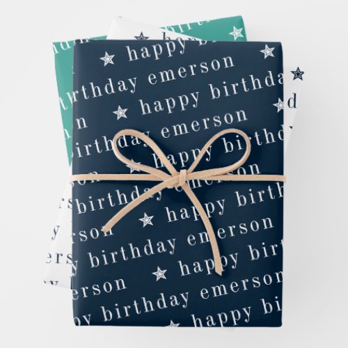 Happy Birthday Name Pattern Blue Teal Wrapping Paper Sheets