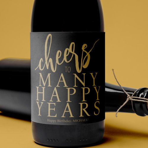 Happy Birthday name personalized cheers gold black Wine Label