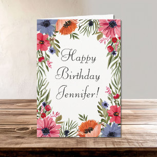 Happy Birthday Name Summer Flowers Poppies Floral Card