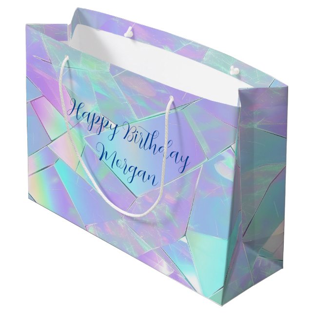 Happy Birthday, Name, Teal & Purple Iridescent Large Gift Bag (Back Angled)