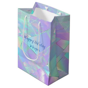 Happy Birthday, Name, Teal & Purple Iridescent Medium Gift Bag