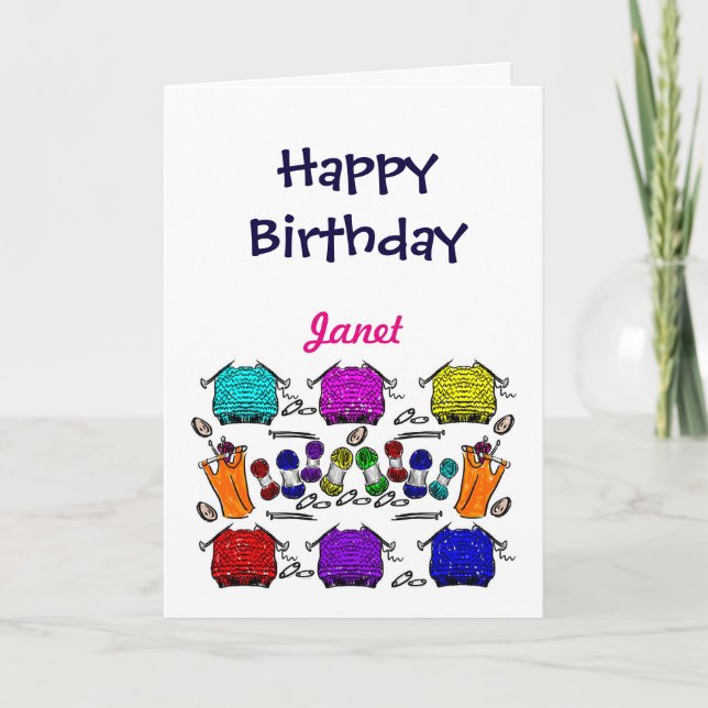 Happy Birthday (name) text box Knitting card (Front)