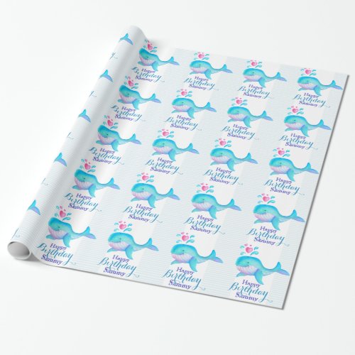 Happy birthday named whale art wrap wrapping paper