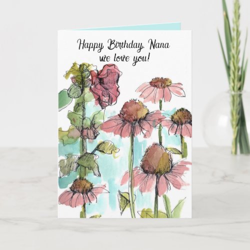 Happy Birthday Nana Pink Wildflowers Watercolor
