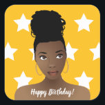 Happy Birthday! Natural Beauty, White Stars, Gold Square Sticker<br><div class="desc">This design features beautiful African American woman with a top knot bun,  on gold background with white stars.</div>